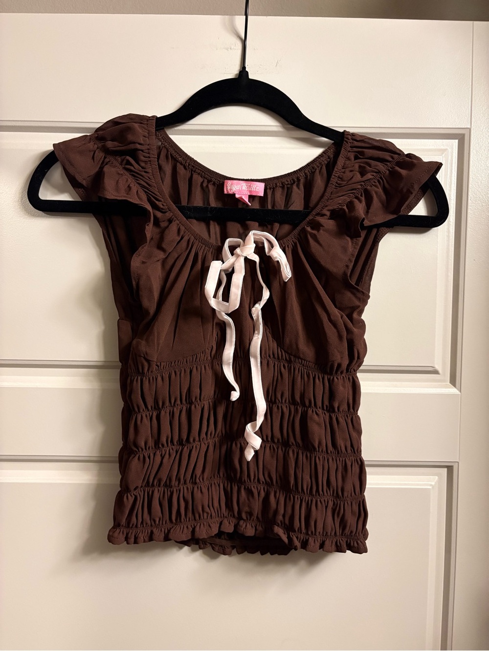 Sugar Thrillz Brown Smocked Tie-Front Flutter Sleeve Top